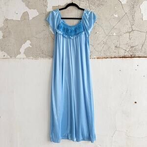 Satin Nightgown Long Lounge Dress Light Blue Rosette Ruffle Womens L Grandmacore